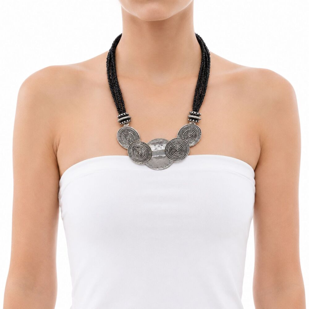 Chico's Sevilla Silver Tone Etched Medallions Black Seed Bead Necklace 20"